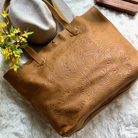 Floral Tooled Leather Tote Bag: Personalized Shoulder Bag