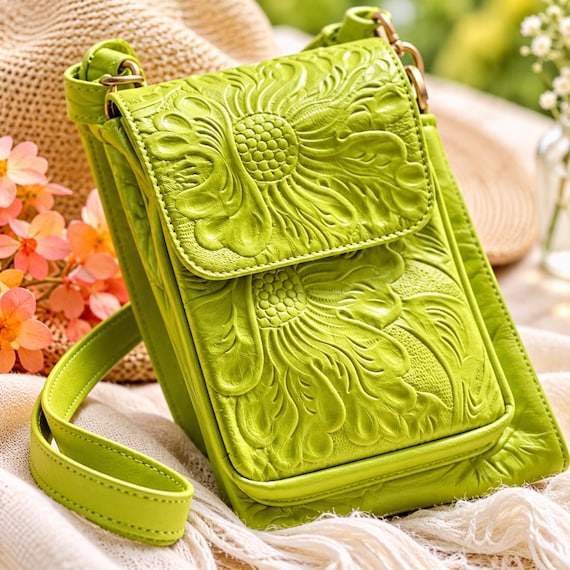 Embossed Leather Crossbody Phone Bag, Personalized Floral Travel Purse, Small Leather Crossbody