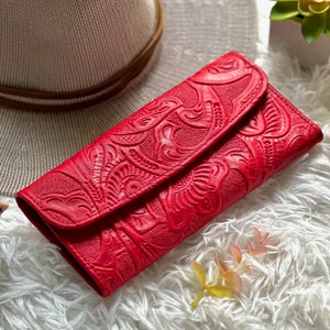 Soft Leather Wallet for Women • Beautiful Red Wallet with Embossed Floral Design • Cute and Engraved Credit Card Wallet