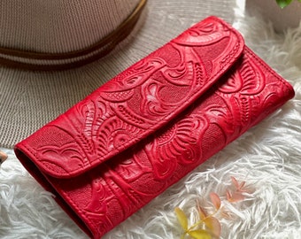 Soft leather wallet women • embossed flowers beautiful red wallet • cute womens wallet • engraved wallet