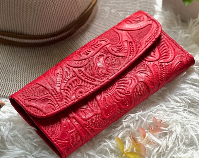 Soft Leather Wallet for Women • Beautiful Red Wallet with Embossed Floral Design • Cute and Engraved Credit Card Wallet