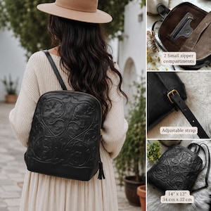 K&ouml;nnte beinhalten: Schwarzer Lederrucksack mit gepr&auml;gtem floralem Design. Merkmale sind verstellbare Tr&auml;ger, zwei kleine Rei&szlig;verschlussf&auml;cher und ein Quaste. Ma&szlig;e: 34 cm x 32 cm.