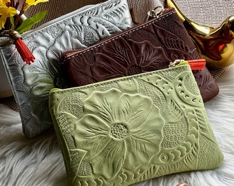 Carved leather Small Bag• Makeup pouch for purse • Small cosmetic bag • Personalized bag