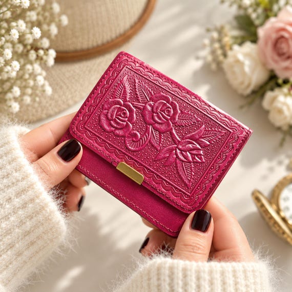 Embossed Rose Leather Wallet: Small Minimalist Bifold