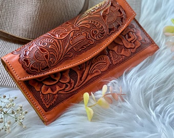 Handmade Tooled Leather Wallet for Women: Western Floral Design