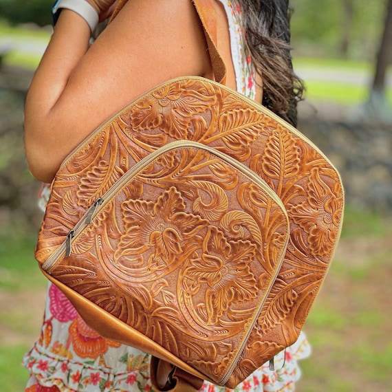 Personalized Leather Backpack Purse: Handmade Floral Travel Bag
