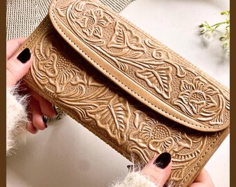 Women’s Leather Wallet • Floral Embossed • Handmade Credit Card Organizer