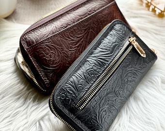 Boho Floral Leather Zip Around Wallet: Handmade Engraved Women's Wallet