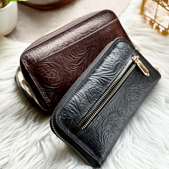 Boho Floral Leather Zip Around Wallet: Handmade Engraved Women's Wallet