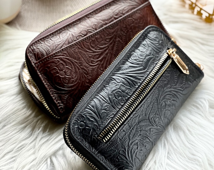 Boho Floral Leather Wallet • Handmade Zip Around Wallet for Women • Personalized Gift • Sustainable Engraved Wallet