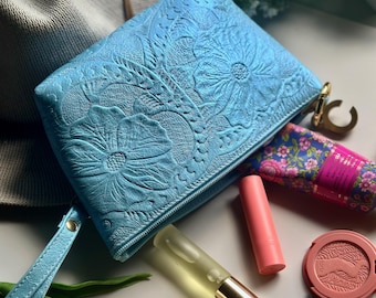 Floral Leather Makeup Bag – Personalized Toiletry Pouch, Cosmetic Organizer