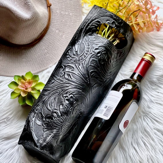 Personalized Leather Wine Tote • Handmade Sustainable Wine Gift