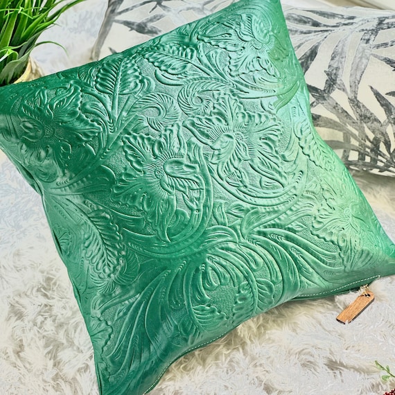 Handmade Tooled Leather Pillow Cover: Boho Home Decor (15x15")
