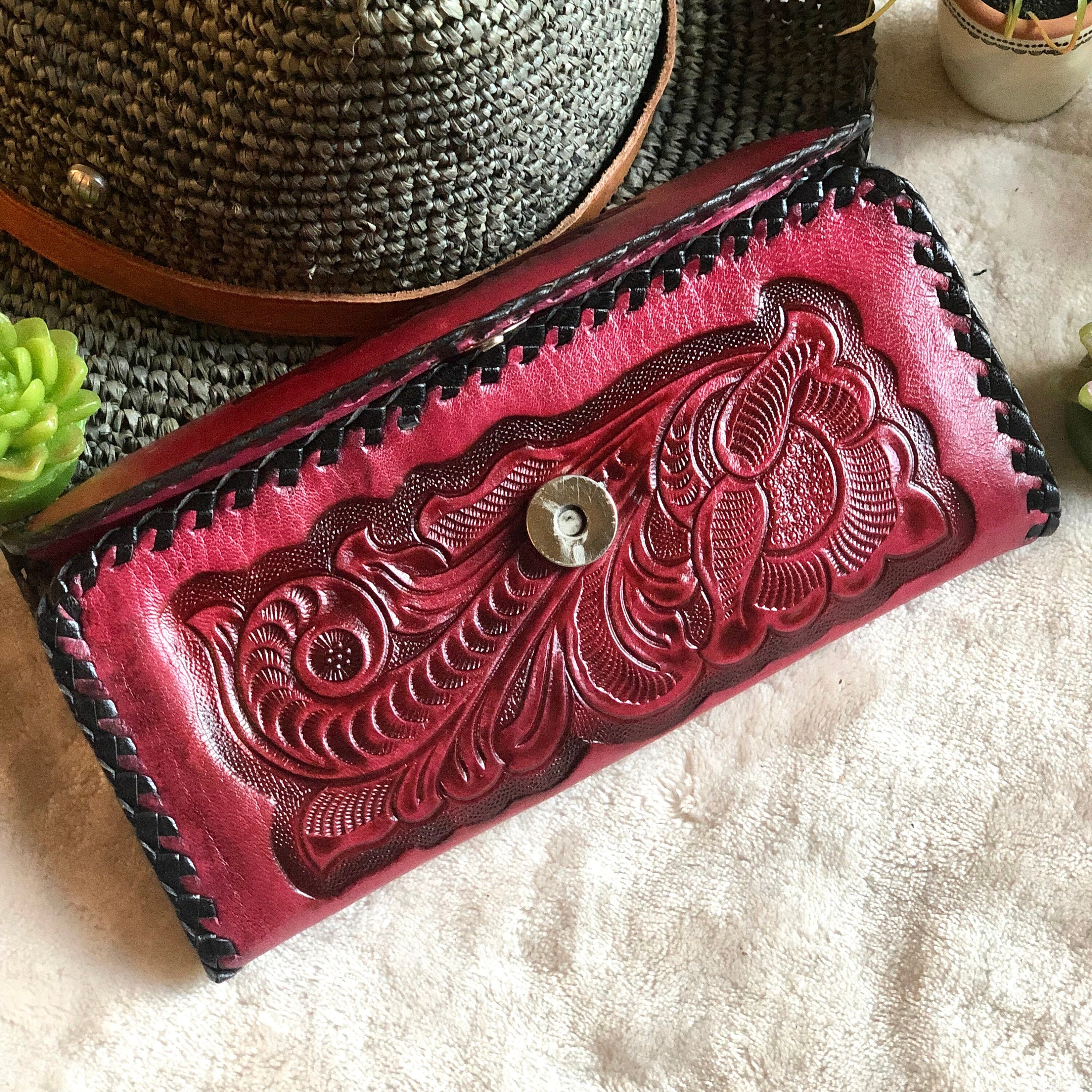Leather tooled wallet Leather wallet Western Leather wallet