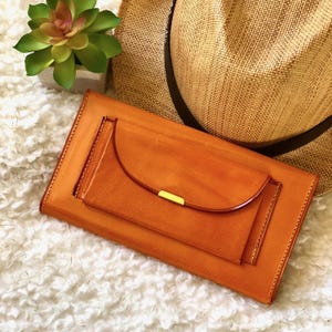 Slim Leather Wallet for Women with Clasp • Vintage Style, Personalized Handmade Wallet Orange