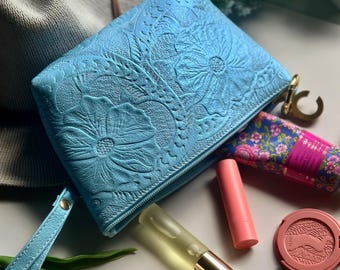 Handmade Leather Makeup Bag: Floral Tooled Cosmetic Pouch, Travel Gift