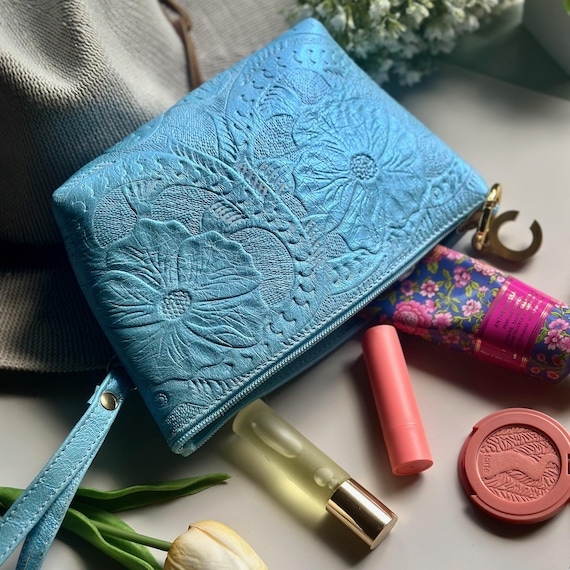 Handmade Leather Makeup Bag: Floral Tooled Cosmetic Pouch, Travel Gift