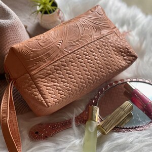 Handmade Cosmetic Bag- Leather embossed Makeup Bag-Gift for her