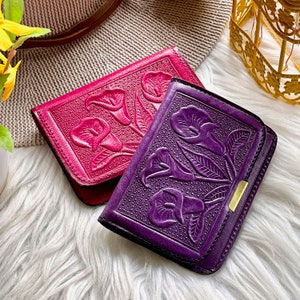 Handcrafted leather wallets for women • Embossed floral cute  leather wallets for her • small leather wallets • birthday gifts for her