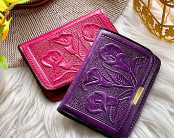 Handcrafted leather wallets for women • Embossed floral cute  leather wallets for her • small leather wallets • birthday gifts for her