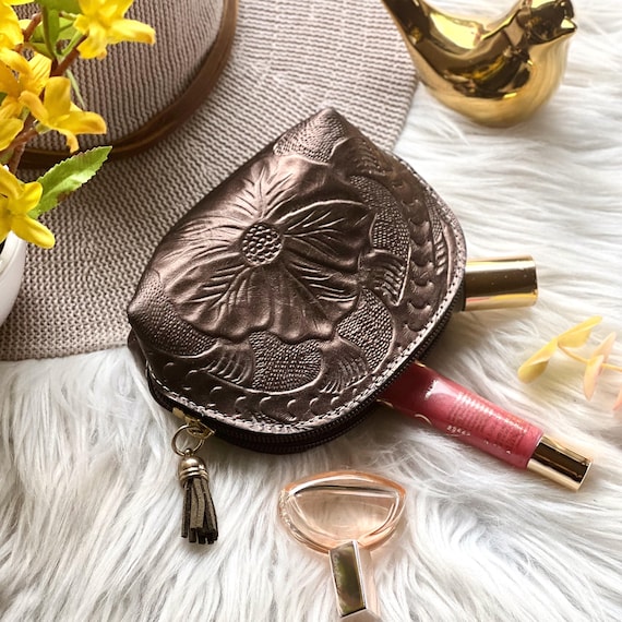 Handmade Leather Cosmetic Bag: Embossed Floral Small Pouch