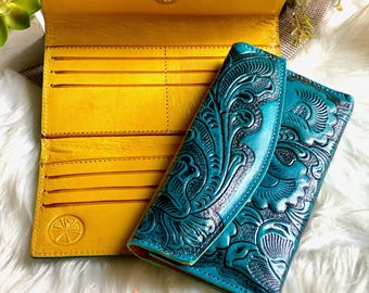 Handmade Leather Wallet for Women • Embossed Boho Leather Clutch • Personalized Gift for Her, Mom, or Wife • Monogram Credit Card Wallet