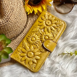 Portefeuille en cuir tournesol • Portefeuille à deux volets fait main pour femme • Cadeau floral bohème