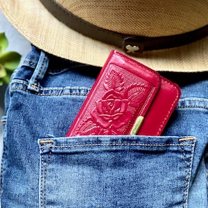 Embossed Rose Leather Wallet: Handmade Mini Card Holder