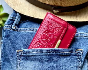 Embossed Rose Leather Wallet: Handmade Mini Card Holder