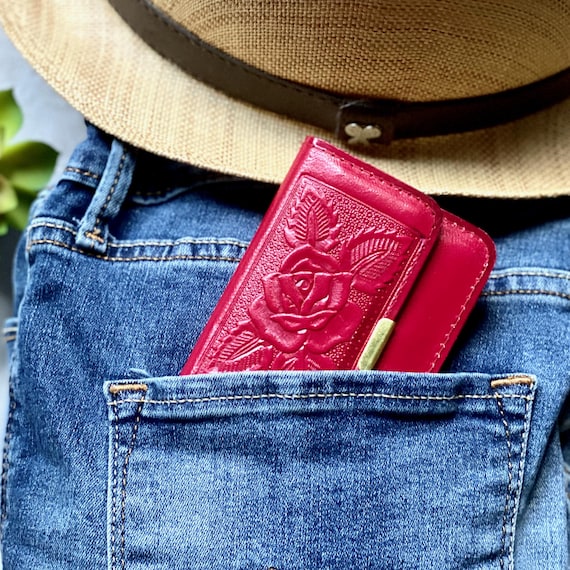 Embossed Rose Leather Wallet: Handmade Mini Card Holder