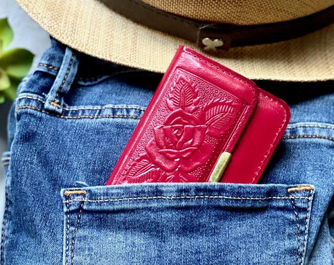 Embossed Rose Leather Wallet: Handmade Mini Card Holder