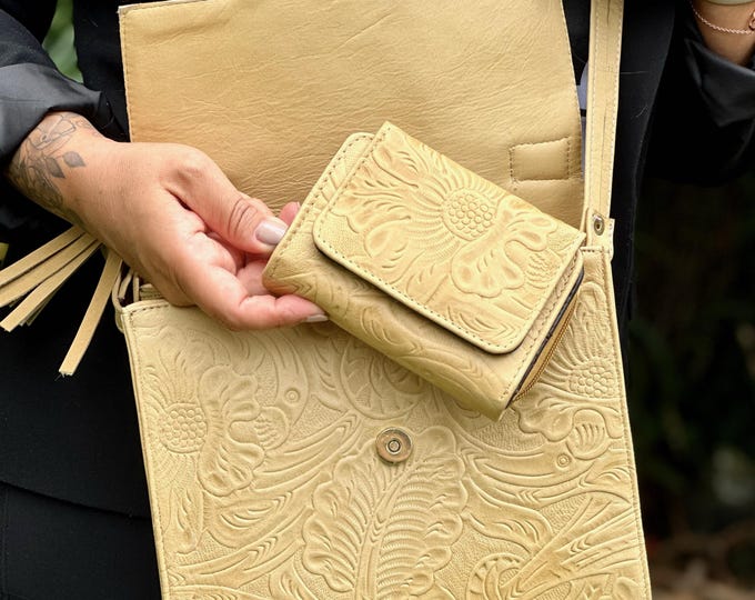 Handmade Leather Purse and Wallet Set • Vintage Style Floral Embossed Bag •  Genuine Leather Engraved