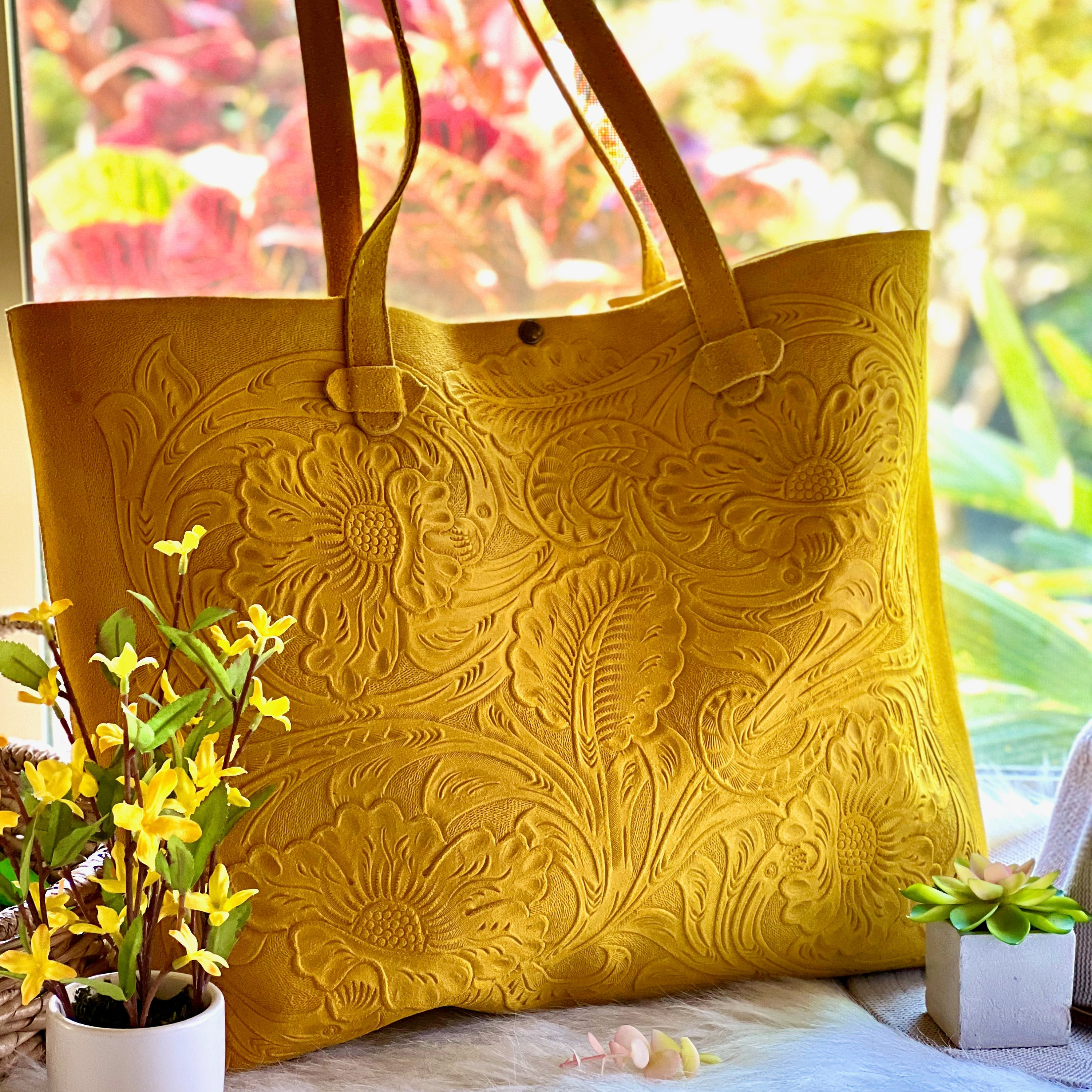 Yellow Genuine Leather Large Tote Bag For Travel