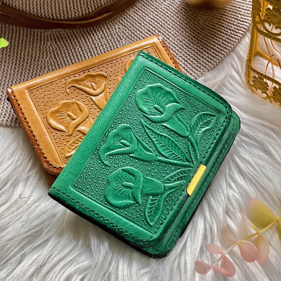 Small Leather Wallet for Women • Floral Embossed Mini Wallet, Handmade with Snap