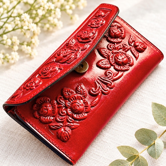 Personalized Wallet for Her, Engraved Leather Wallet for Women, Red Rose Wallet, Romantic Gift for Wife, Anniversary Gift