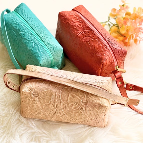 3rd Anniversary Leather Gift for Her, Personalized Floral Makeup Bag, Handmade Cosmetic Travel Pouch