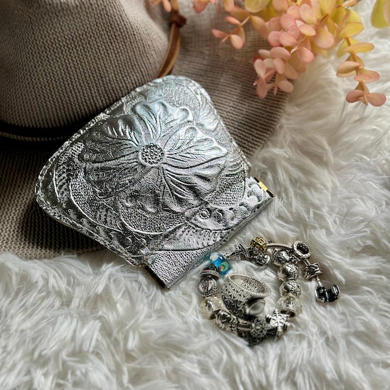 Floral Embossed Leather Coin Pouch • Personalized Squeeze Frame Purse