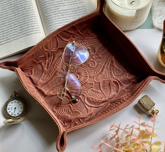Handmade Embossed Leather Valet Tray • Boho Catchall Tray for Keys & Jewelry • Personalized Home Decor