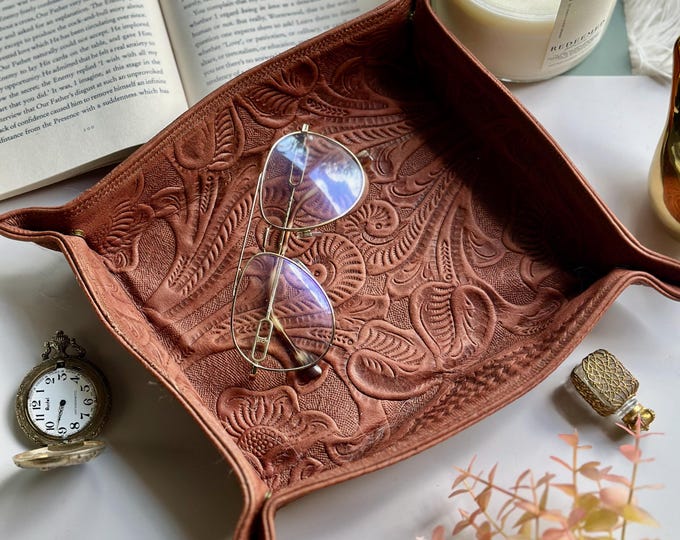 Handmade Embossed Leather Valet Tray • Boho Catchall Tray for Keys & Jewelry • Personalized Home Decor