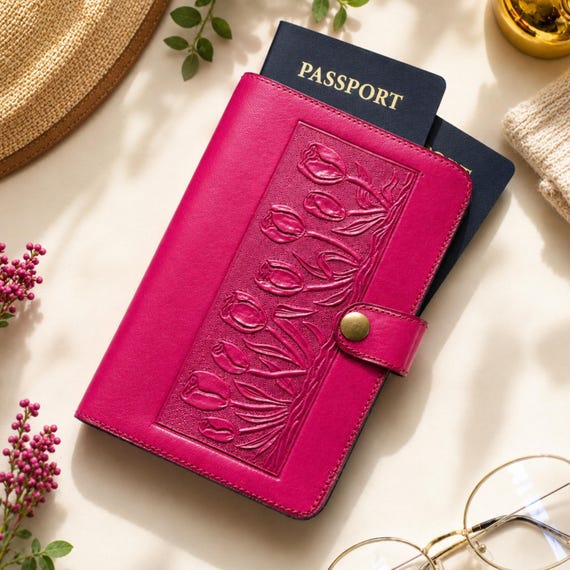Double Passport Holder, Personalized Leather Passport Wallet, Tulip Passport Cover, Family Passport Holder, Travel Organizer, Couples Gift