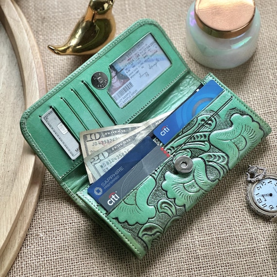 Tooled Leather Wallet for Women - Handmade Floral Boho Clutch