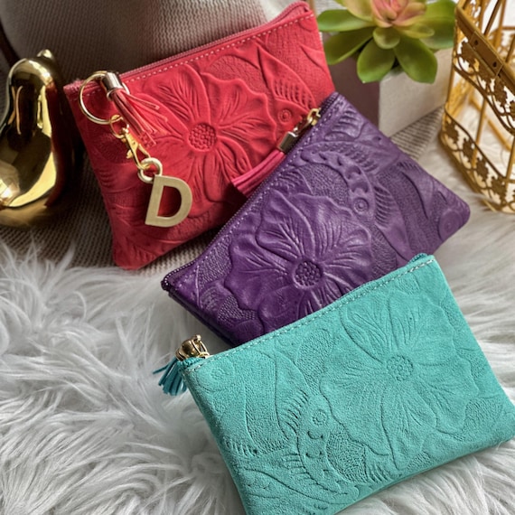 Carved Leather Small Pouch – Handmade floral Cosmetic & Makeup Bag