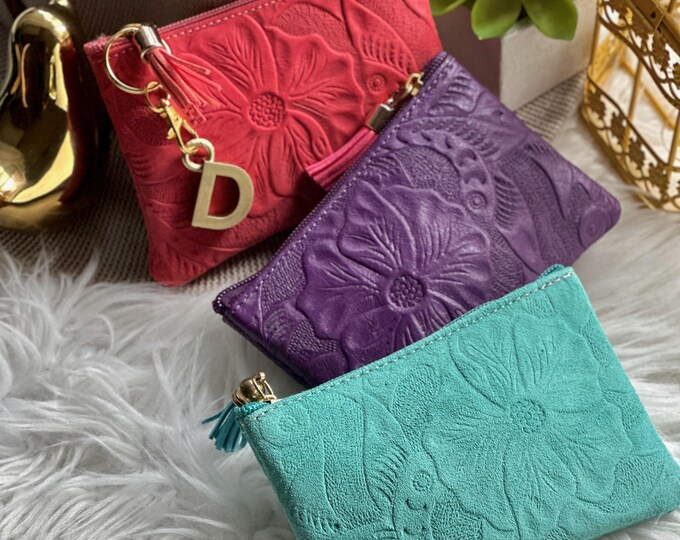 Carved Leather Small Pouch – Handmade floral Cosmetic & Makeup Bag