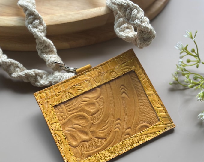 Floral Leather ID Badge Holder with Macrame Lanyard • Teacher Gift • Card and ID Holder