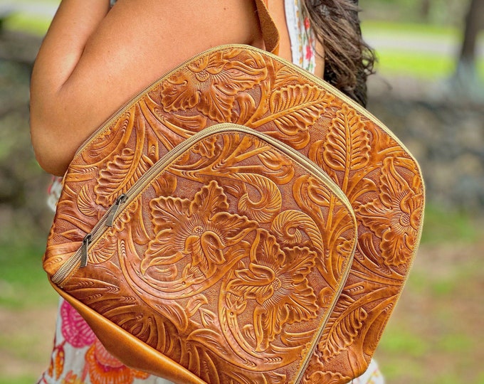 Handmade Embossed Orchids Leather Backpack Purse • personalized gift for her