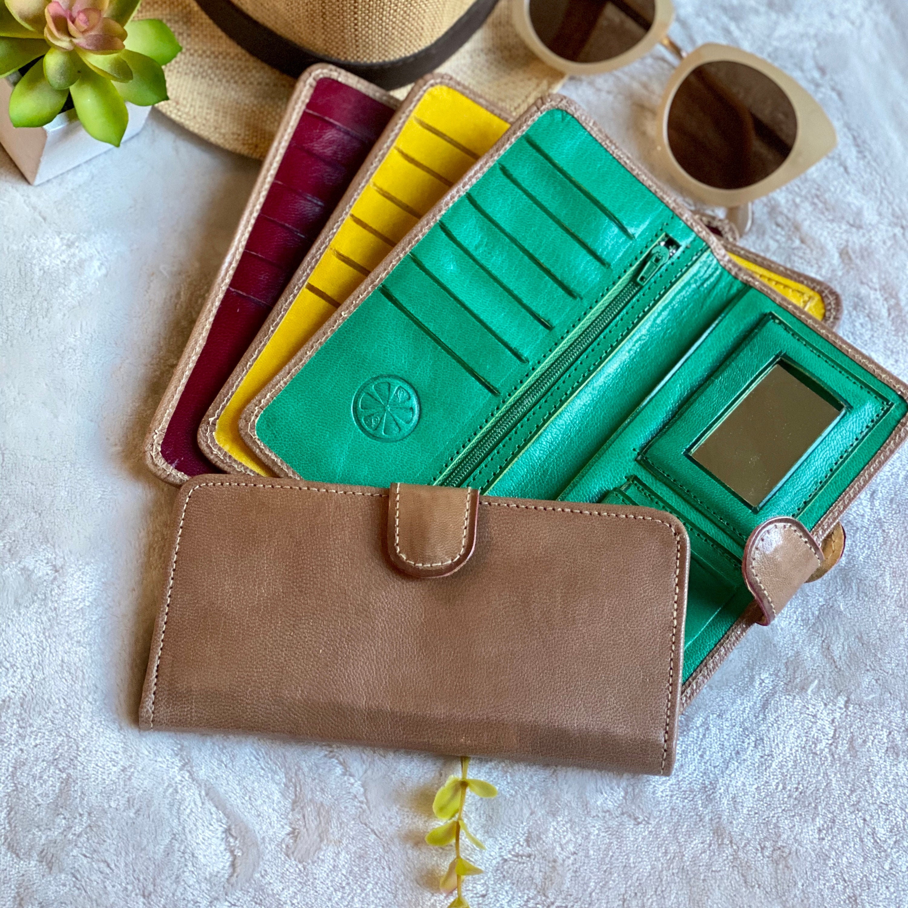 Woman leather wallet slim bifold wallet light brown wallet for
