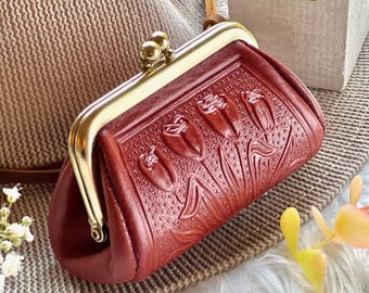 Leather vintage style kiss lock purse •  Change bag • change purse • Kiss Lock small  bag • gifts for mom