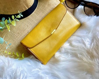 Yellow Leather Wallet for Women: Slim Vintage Style Handmade Clutch