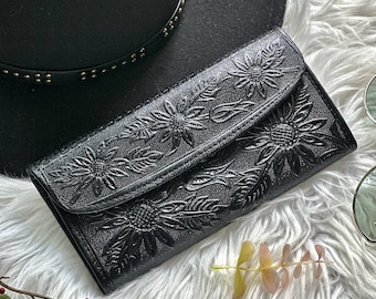 Handcrafted Women's Leather Wallets •  Personalized Gifts with Sunflowers