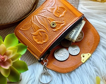 Leather Key Ring Coin Purse: Floral Tooled Pouch Wallet